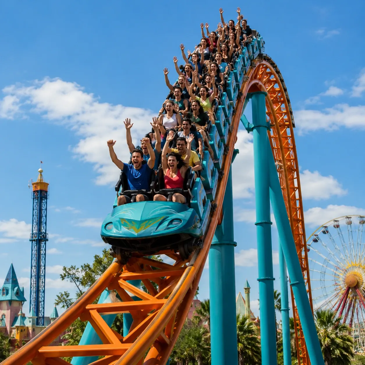 Industrial photoelectric sensors mounted on amusement park roller coaster track for safety and ride control