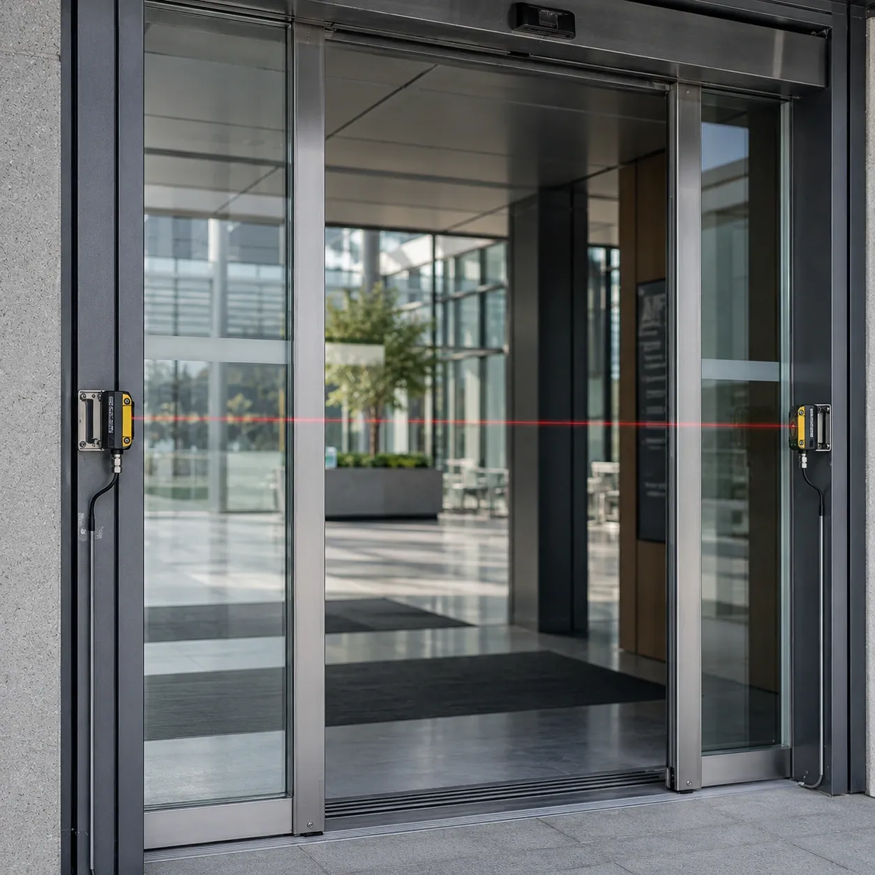 Automatic sliding glass doors with industrial infrared photoelectric through-beam sensor system mounted on the door frame
