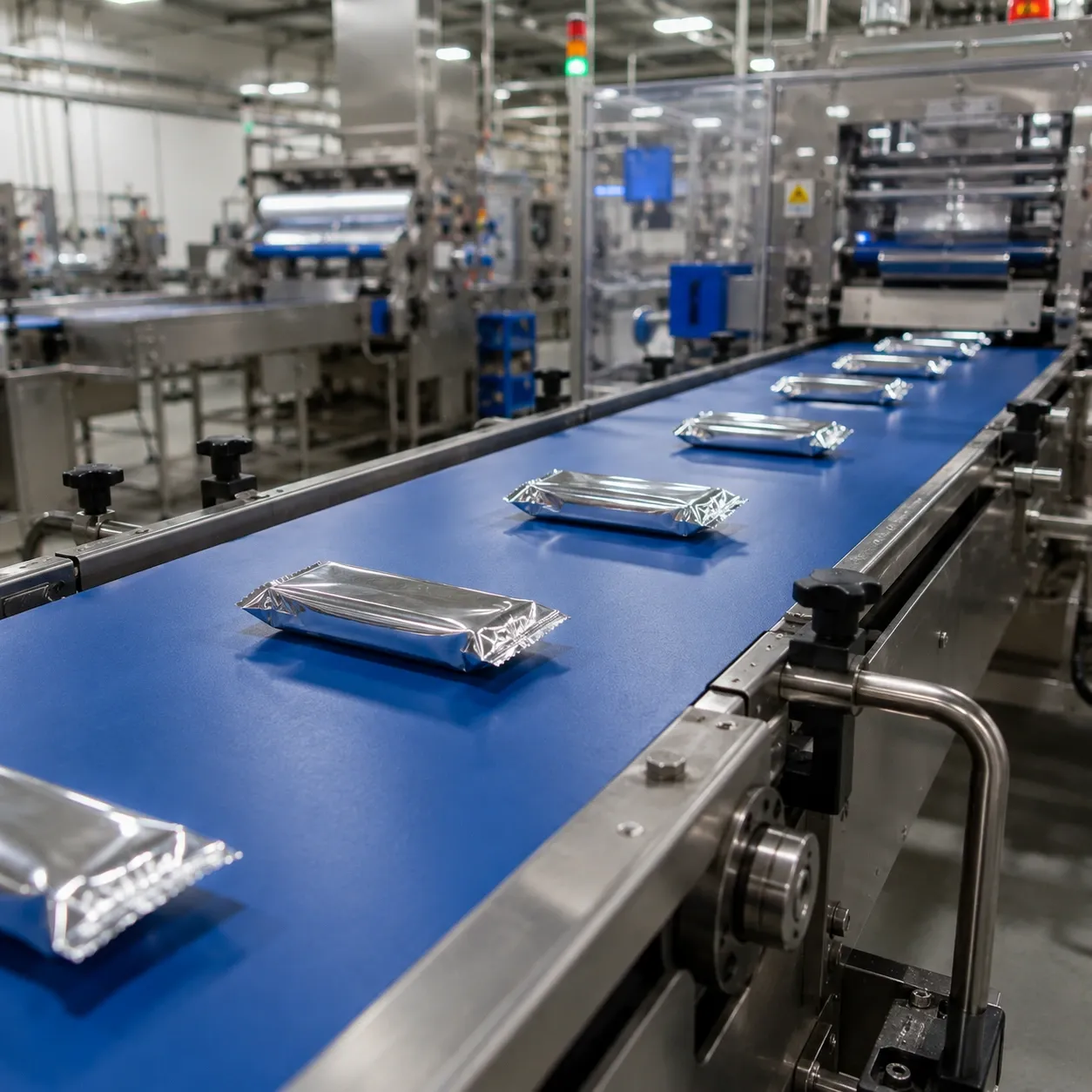 Industrial conveyor line with photoelectric sensors detecting missing contents in foil wrapper packages
