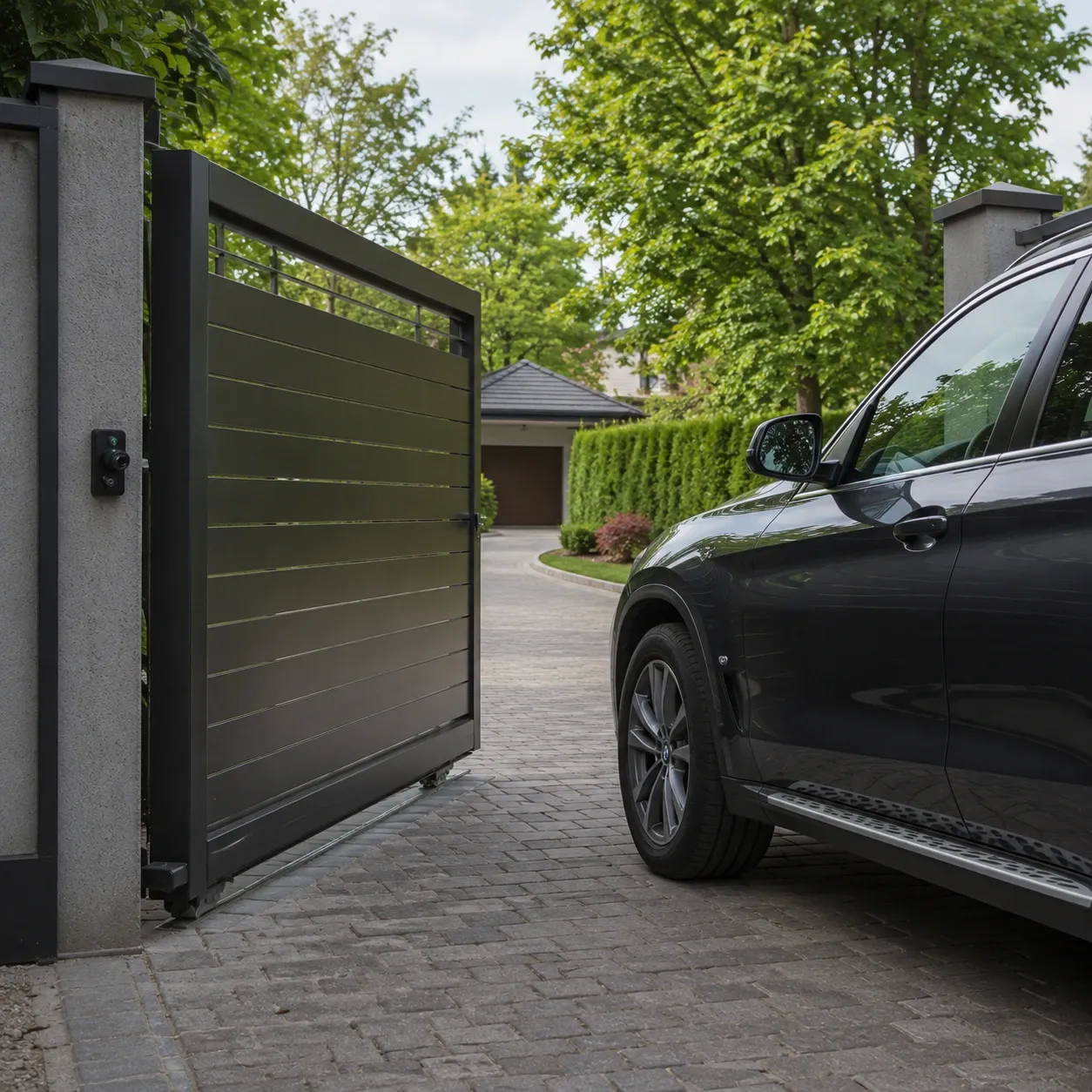 Driveway entry gate opening as a vehicle is detected by photoelectric sensor on gate post