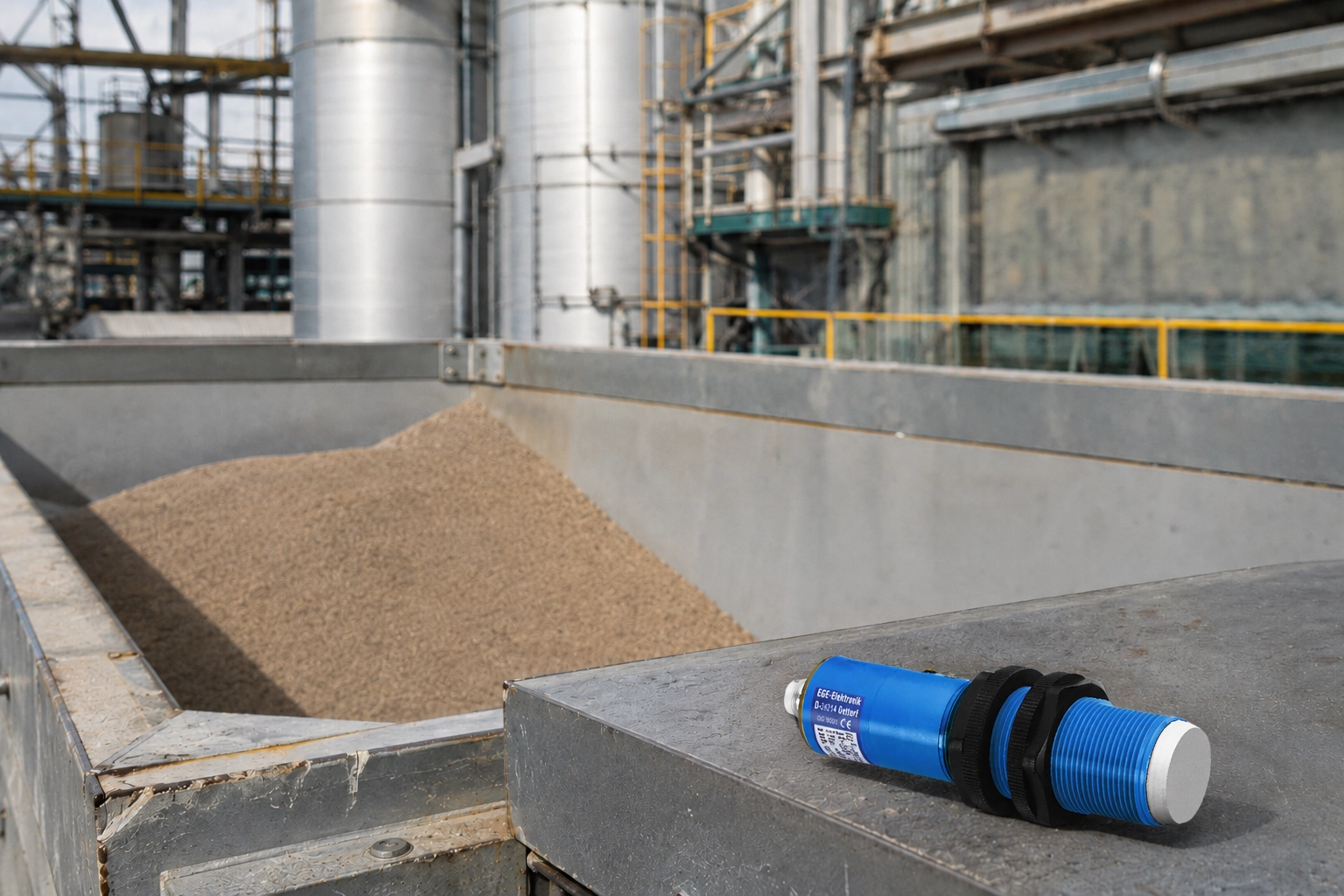 Ultrasonic sensor mounted at top of industrial hopper measuring grain or bulk material fill level