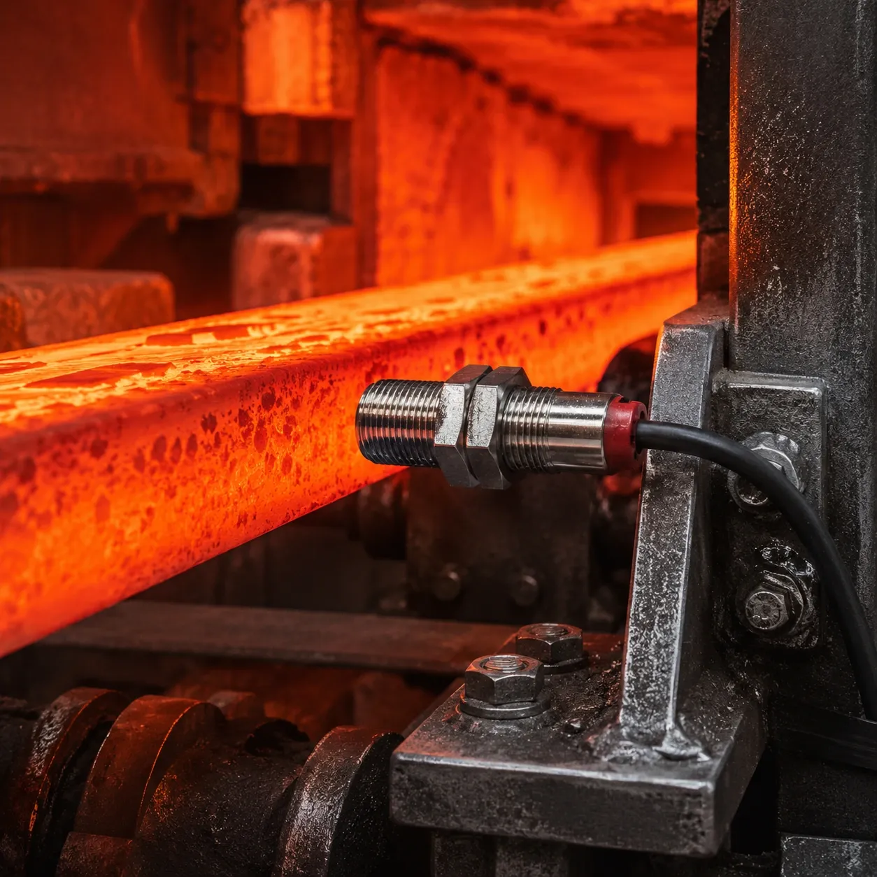 Inductive proximity sensor mounted in sub-zero cold storage freezer detecting metal parts