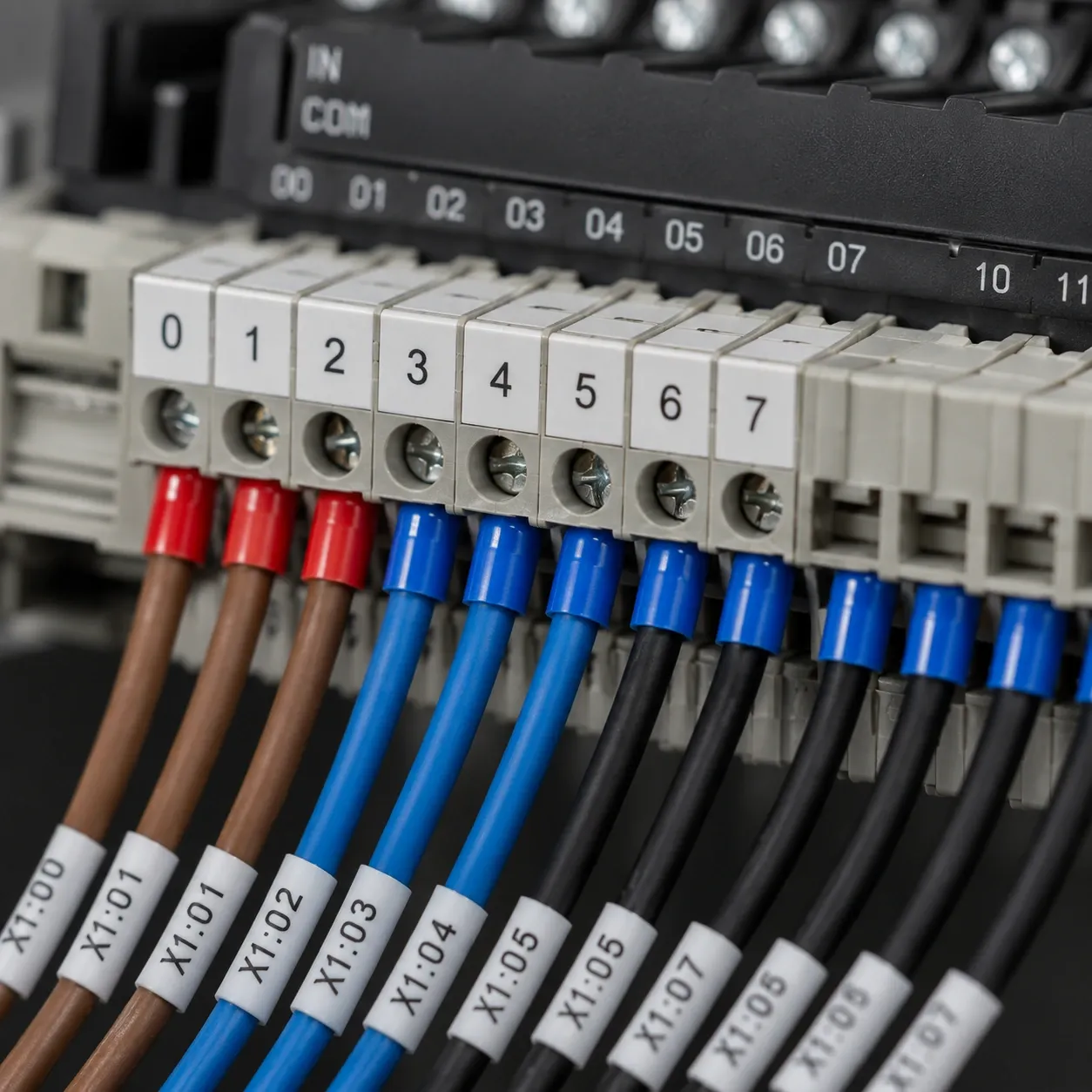 Close-up of industrial sensor signal wires connected to PLC terminal blocks in a neat control panel