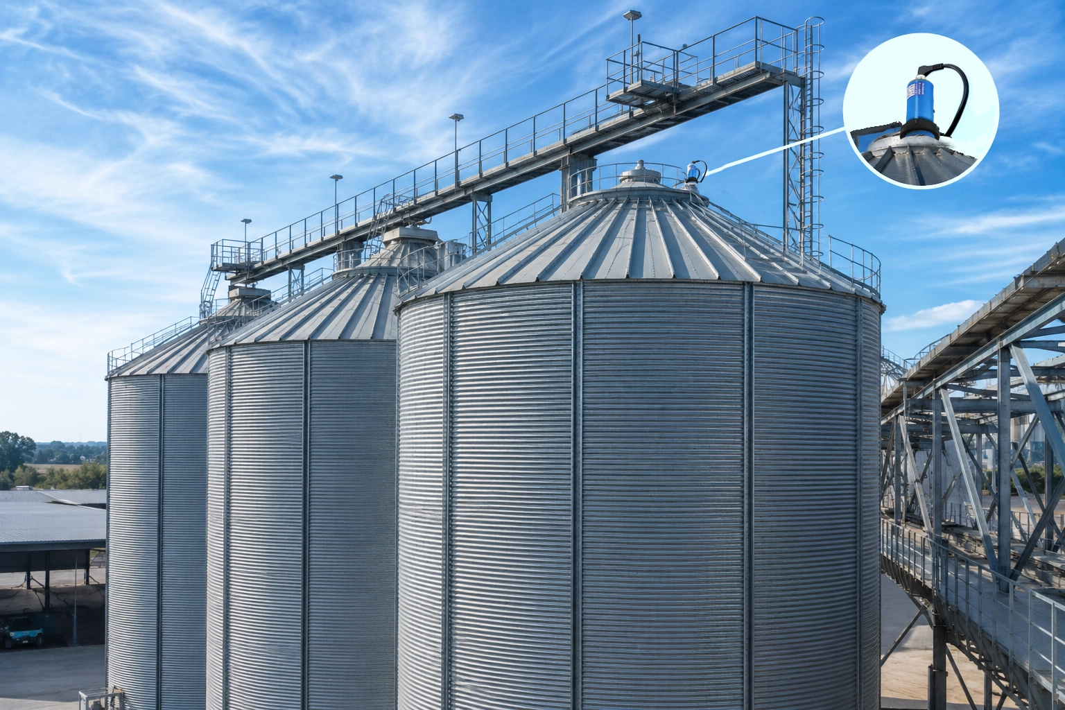 Large industrial silo with ultrasonic level sensor on top dome measuring bulk material level
