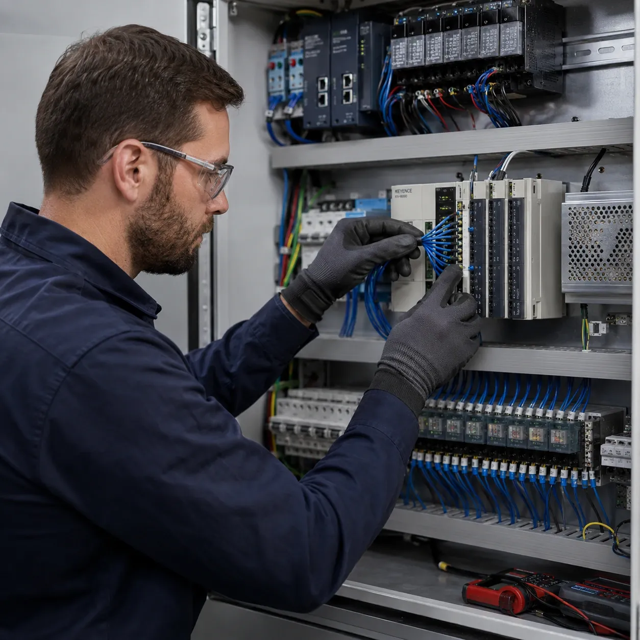 Technician connecting three-wire DC photoelectric sensor brown blue black wires to PLC terminal block