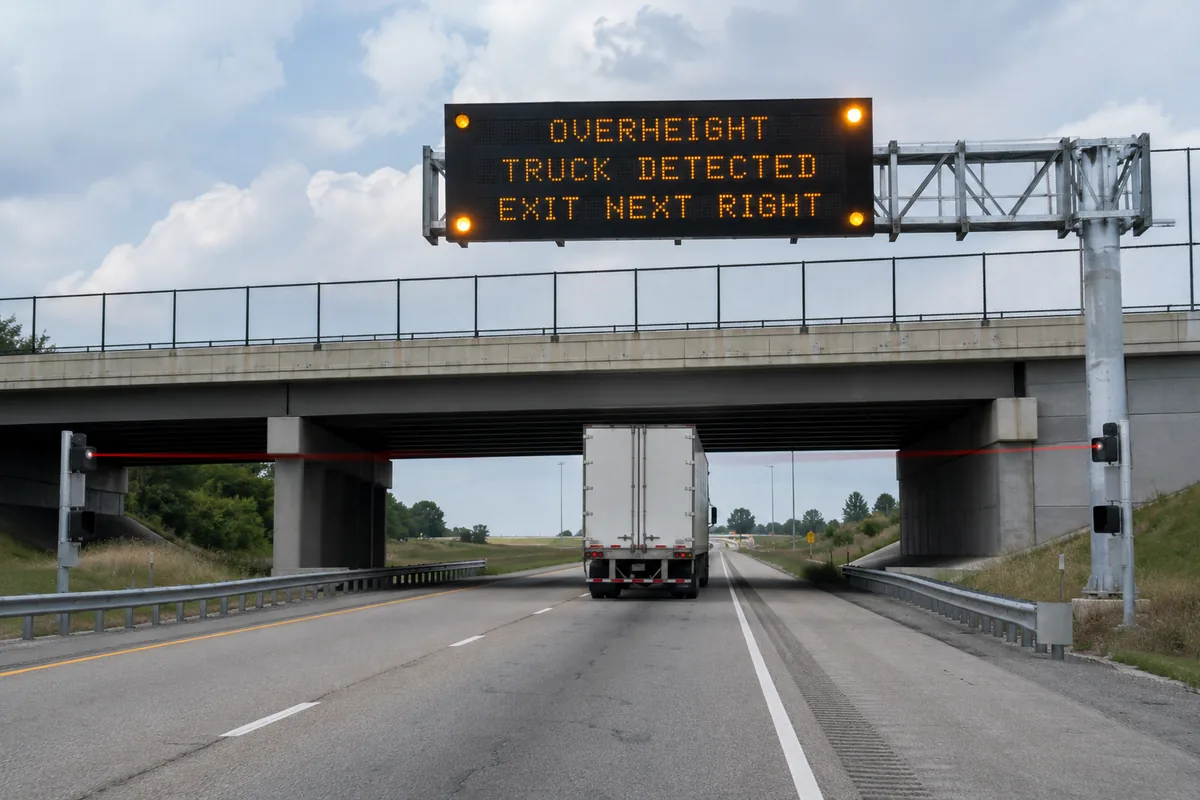 Height detection sensor system at overpass warning trucks that are too tall with warning signs and sensors